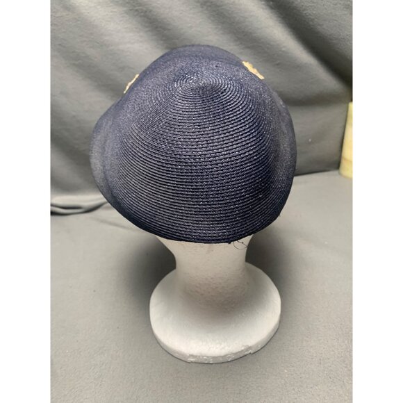 Vintage 1960s Navy Blue Velvet & Straw Hat with Gold Embellishments Adjustable - Picture 3 of 10